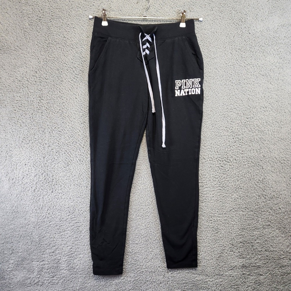 PINK Victoria's Secret Jogger Sweatpants Womens Small Pink Nation Black Lace Up